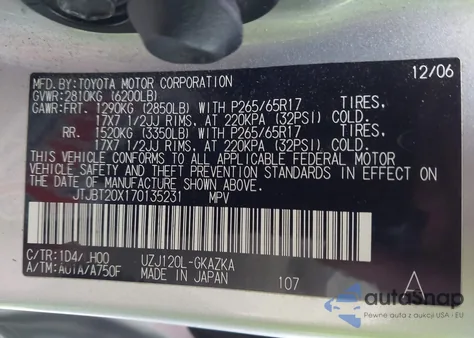 2007 Lexus Gx 470 z USA, uszkodzony, nr VIN JTJBT20X170135231